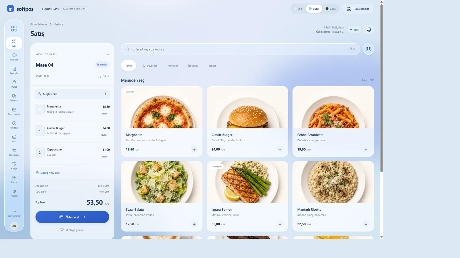 Visual product list and table order in the SoftPOS sales interface concept